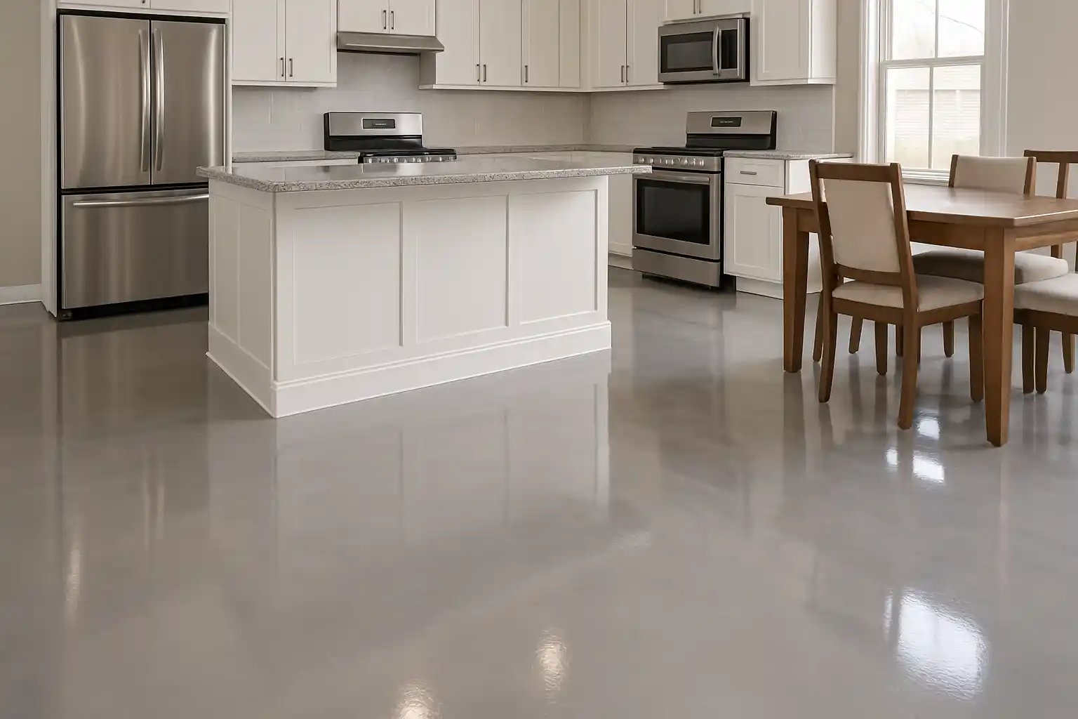 Glossy grey epoxy kitchen floor